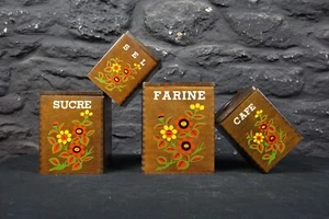 Set of French Wooden Kitchen Food Canisters Decorated with Flowers ~Retro Kitsch - Picture 1 of 10