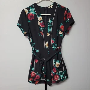 Mameluco Bleuh Ciel Negro Floral Cuello en V Manga Corta Bolsillos con Cinturón Talla M - Imagen 1 de 7