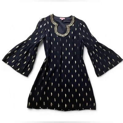 Vestido Lilly Pulitzer Armería de Seda, Dorado y Azul Marino Cuentas Cóctel Campana Mangas, XS Foto 1 de 4