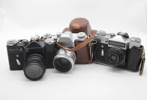 F x3 Vintage Soviet SLR Film Cameras Inc. Zenit-3M, Zenit-E, Industar 35mm Lens - Afbeelding 1 van 12