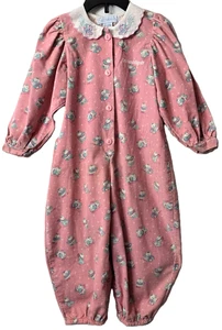 Vintage OshKosh Corduroy Romper 3T Baby Sledding Bears Pink 90s Long Sleeve Pant - Picture 1 of 12