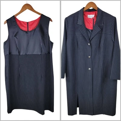 Vtg Power Suit Jacket Dress Set Plus 16 18 Evening Black Long Blazer Pinstripe  - Image 1 of 4
