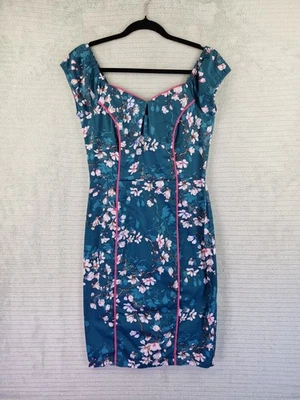 Vestido midi ceñido al cuerpo con hombros descubiertos estampado flor de cerezo verde azulado Joe Browns talla UK 10 Foto 1 de 4