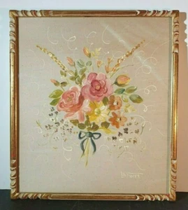 ANTIQUE WATERCOLOR on SILK FRENCH LA FUREY Sd FLORAL BOUQUET CHISELED GOLD FRAME - Picture 1 of 9