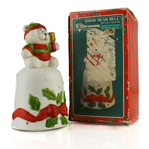 HOUSE LLOYD Snow Teddy Bear on Ceramic Ringing Bell White Holly Table Decoration - Picture 1 of 9
