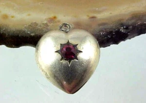 Vintage Smaller Sterling Silver PUFFY HEART with Red Rhinestone Design Charm - Picture 1 of 4