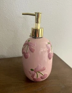 Pink Bow & Cherries Soap Dispenser Ceramic With Sweet Cherry Scented Hand Soap - Picture 1 of 2