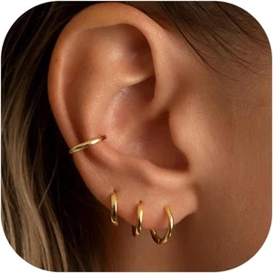 Juego de aretes Huggie de aro de oro pequeño para mujer sin deslustre enchapados en oro de 14K - Imagen 1 de 7