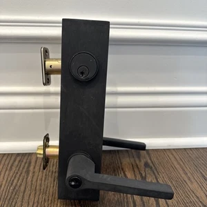 Emtek Modern Rect 2 Point Single Cylinder Keyed Entry Lever Set in Black - Picture 1 of 10