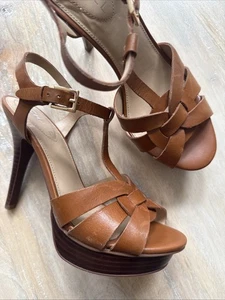 Cognac Strappy Leather Sandals Twist Wood Platform Heels size 8 - Picture 1 of 8
