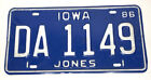 Vintage 1986 Iowa License Plate DA 1149 Jones County Blue w White Lettering