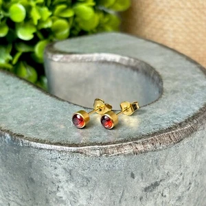 Dainty Garnet Birthstone Earrings – 4mm Gold-Plated Crystal Studs – Minimalist - Picture 1 of 10