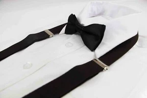 Boys Black Matching Bow Tie + Suspender Set Kids Unisex Dress Up Wedding Page - Picture 1 of 4