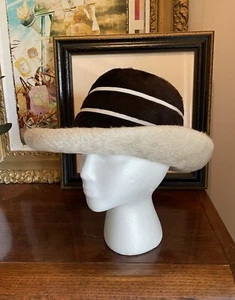 Vintage Jack McConnell Boutique Brown & Cream Stripes Women’s Hat Rolled Brim - Picture 1 of 15