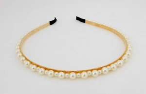 Simulated White Pearl Headband With Gold Tone Metal Base Flexible One Size - Picture 1 of 14