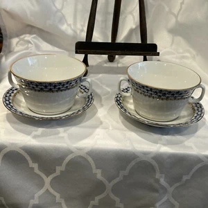2 Lomonosov Russian Porcelain Cobalt Net Youth double handled soup & Saucer set - Picture 1 of 10
