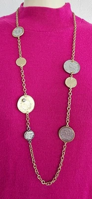 CHICOS Moda Collar Largo Todo Metal 7 Monedas Tono Oro y Plata Nuevo Sin Etiquetas Foto 1 de 4