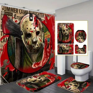 Horror Movie Shower Curtain Set with Rug Toilet Cover U Mat Bathroom Decor - Picture 1 of 1