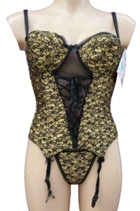 Gold Satin & Black Basque 32C & Thong Small Set Underwired Multiway Suspenders - Picture 1 of 5