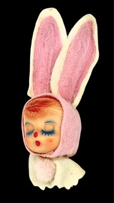 Vintage Rare  JAPAN Pink  Easter Pixie Bunny Girl Floral Pick Really Sweet - Image 1 of 4