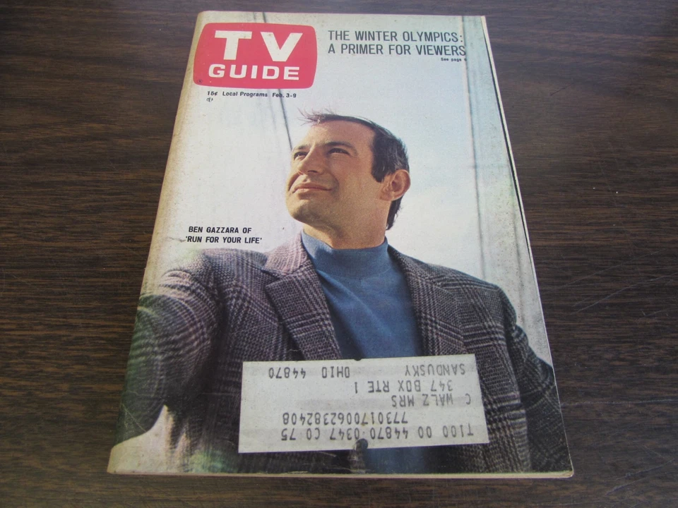VINTAGE TV GUIDE COVER  - FEB 3RD 1968  - BEN GAZZARA - RUN FOR YOUR LIFE  - VG. - Image 1 of 1
