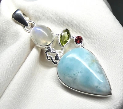 Larimar, Peridot, Mondstein, Granat Anhänger 925 Silber wertvolles UNIKAT NEU - Bild 1 von 4