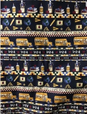 "Tema escolar Debbie Mumm, autobús, lápices, globo terráqueo, 2+2, =4 rayas tela 28"" de largo" Foto 1 de 2