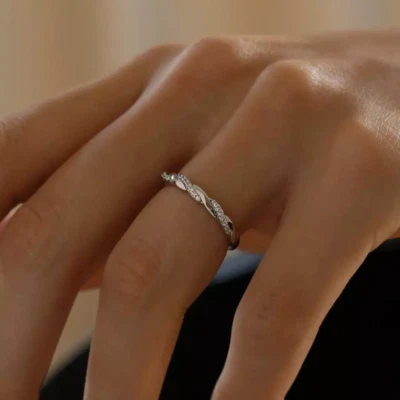 Moissanite Twisted Wedding Band Engagement Ring For Women 14k White Gold Plated - Image 1 of 4