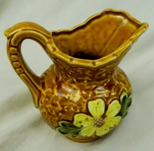 Vintage Creamer Pitcher Ceramic Brown Yellow Flowers Japan - Picture 1 of 7