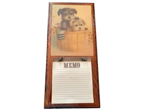 Vintage Lacquered Wood Memo Board Hanging Plaque Terrier Dogs Puppies In Bucket - Picture 1 of 7
