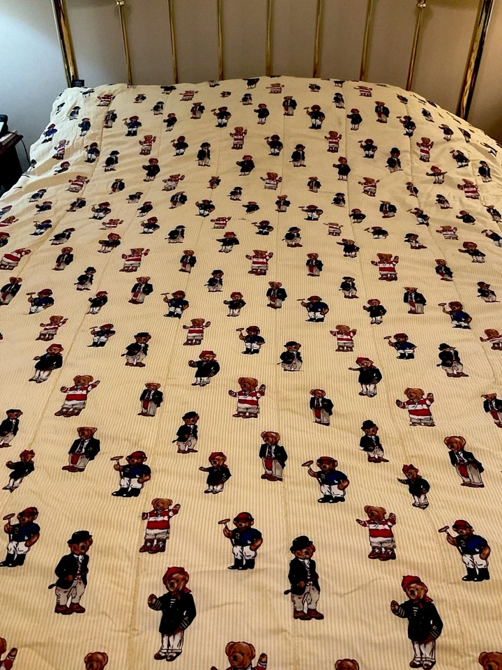 Ralph Lauren EUC Twin Yellow Stripe Polo Bear bed Comforter Vintage 82x88 - Image 1 of 4