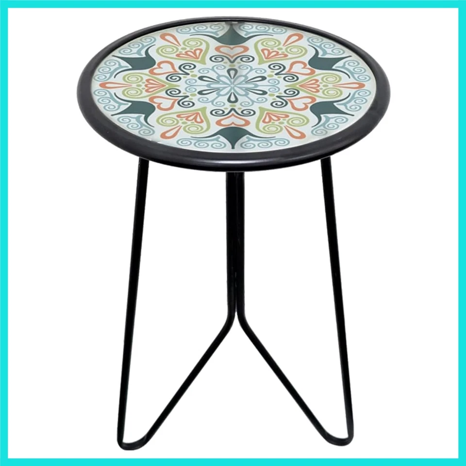 Mesa auxiliar de patio, mesa auxiliar de metal exterior de 12" con tapa de cristal, interior redonda A... Foto 1 de 4