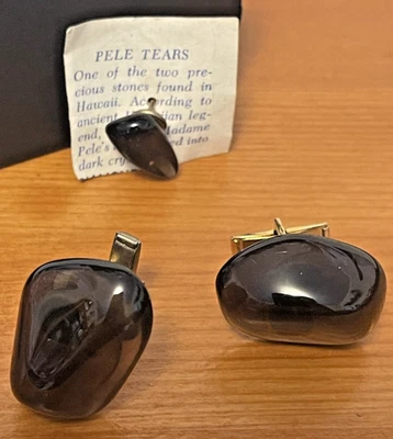 RARO JUEGO DE GEMELOS/TACK DE PIEDRAS PRECIOSAS MARRONES PULIDAS 'PELE'S TEARS' VINTAGE Foto 1 de 4