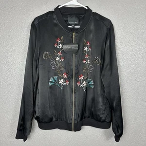 NWT Harlowe & Graham Jacket Womens Large Floral Embroidered Bomber Black Satin - Picture 1 of 12