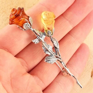 LEMON AND COGNAC BALTIC AMBER ROSE STELRING SILVER BROOCH NEW WITH BOX - Picture 1 of 4