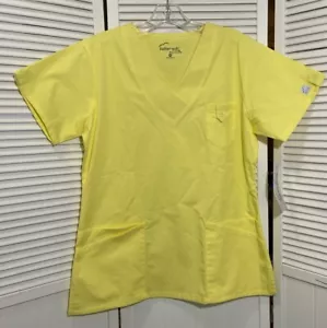 Butter-soft Stretch Womens M Scrub Top Yellow NWT Short Sleeves V-Neck Pockets - Picture 1 of 14