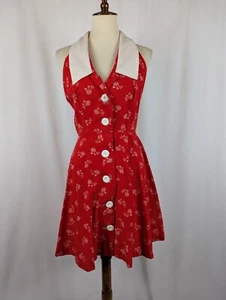 JcPenney Neckholder Kleid rot weiß Eule Vintage 70er Retro Mod Boho Hippie Gr. 14 - Bild 1 von 9