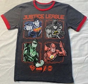 JUSTICE LEAGUE SZ 5 SUPERMAN-BATMAN-GREEN LANTERN-THE FLASH GRAY RINGER SHIRT - Picture 1 of 5
