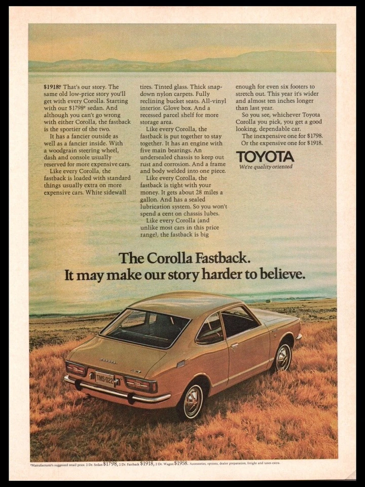 Toyota Corolla Fastback 1971 - coche amarillo vintage original anuncio impreso cueva del hombre, garaje Foto 1 de 1