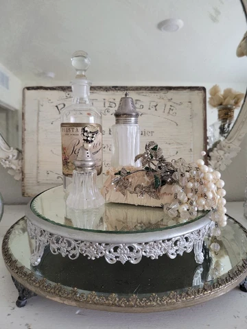 STUNNING~ Antique Ornate Ribbon Beveled Plateau Metal Vanity FILIGREE Mirror Cover