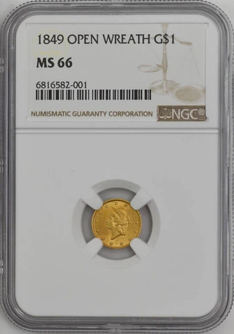 1849 $1 Gold Liberty Dollar Open Wreath MS66 NGC 947147-10 Cover