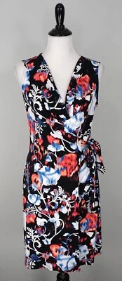 DANA BUCHMAN Black Pink White Blue Faux Wrap Tie Waist V-Neck Floral Dress Sz S - Image 1 of 4