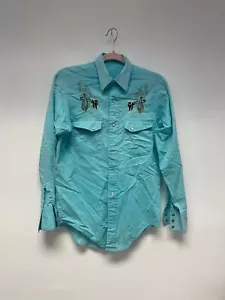 VINTAGE Ely Cattleman ricamato western rodeo cowboy tasche verde acqua piccolo - Foto 1 di 5
