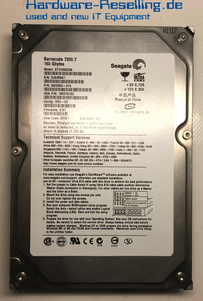 Seagate 160GB 7,2k Ide 8MB ST3160023AS 9W2084-314 100316762 3,5 " HDD - Immagine 1 di 1