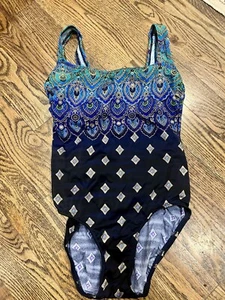 Longitude One Piece Camelot Highneck Swimsuite Size 10 Peacock Pattern - Picture 1 of 4