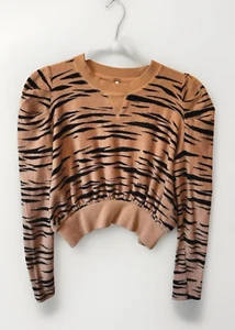 Free People Sweater Womens XS Tan Zebra Print Pullover Cropped Cotton - Picture 1 of 11