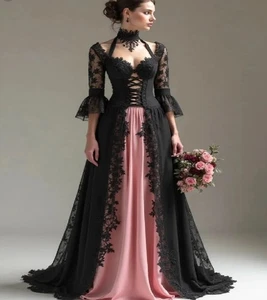 Gothic Abendkleider rosa schwarz hochgeschlossen 3/4 Ärmel Spitze Applikation - Bild 1 von 9
