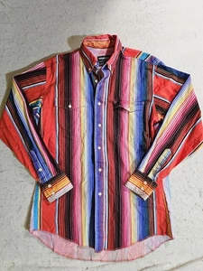 Vintage Wrangler Striped X-Long Tails Cowboy Cut Western Brushpopper Sz 15.5/33  - Picture 1 of 14