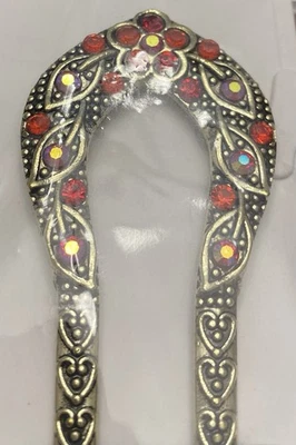 NEW & SEALED 5” Silver Tone Red Jeweled Two Prong Hair Pick Fork - Image 1 of 4