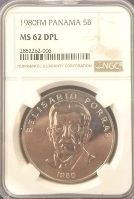 Панама 1980 5 бальбоа редкий образец NGC SP62, 1000 тираж, редкая дата - Изображение 1 из 2